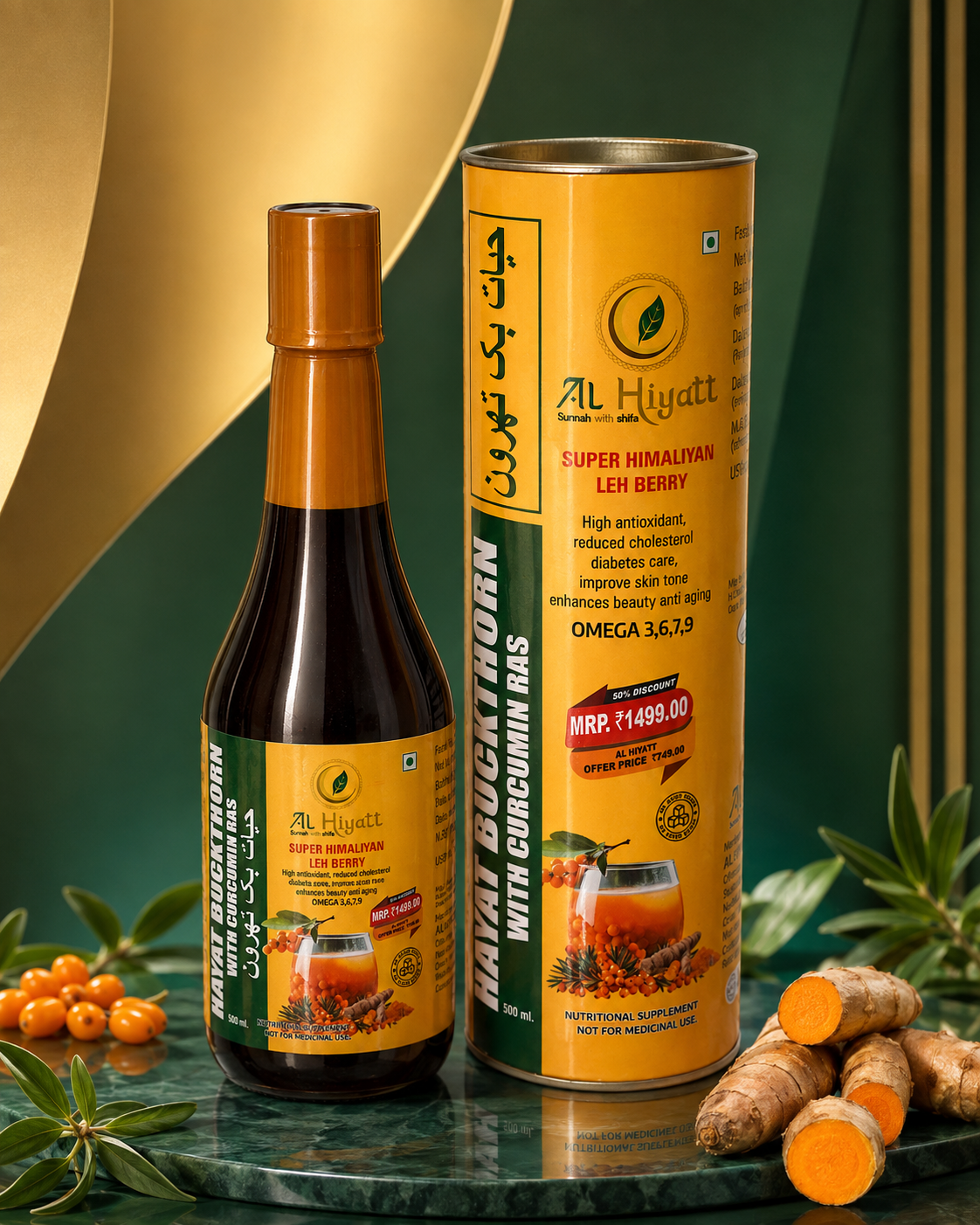 Hayat Buckthorn with Curcumin Ras — Super Himalayan Leh Berry Juice | Omega 3-6-7-9 (500 mL)
