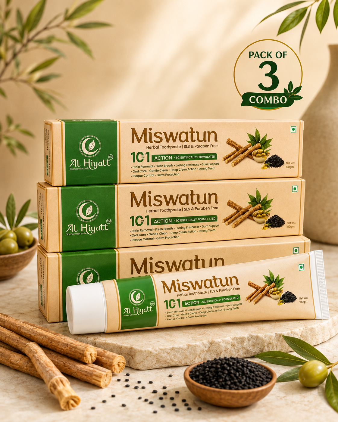 Miswatun Herbal Toothpaste Combo – 3 × 100 gm | 10-in-1 Herbal Oral Care | Miswak, Neem & Black Seed | SLS & Paraben Free